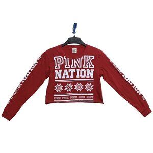 Pink Victoria's Secret Top Women Size M Red Crop Snowflake Fair Isle Long Sleeve